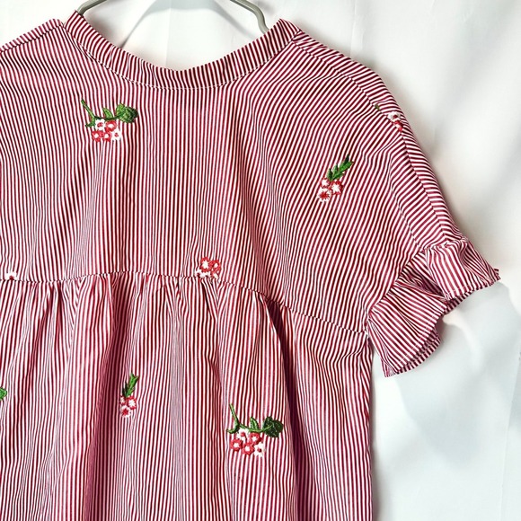 Woman's Striped Summer Travel Short Dress with Floral Embroidery Ruffle Sleeve - Picture 5 of 9